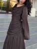 Women's Fashion Draped Design Solid Long Dress 2026 Casual Commute Waist Party Dresses Elegant O-neck Long Sleeve Evening Dress_ecoleips.com