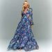 Floral Print V-Neck Chiffon Maxi Dress With Tie-Waist & Puff Sleeves For Elegant Occasions Versatile Full-Length Design_ecoleips.com