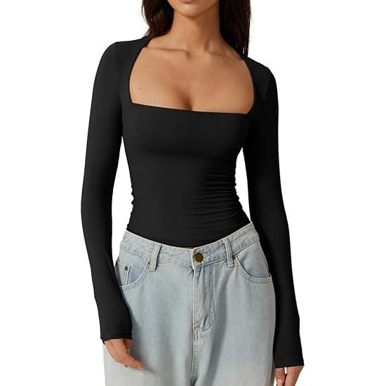 Aria Basics Aria Basics Cross-border European American Women's Square-neck Shirt, Autumn Top, Long-sleeved Slim-fit Pullover Milk Silk T-shirt,_ecoleips.com