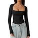 Women's Square Collar Shirt Autumn Top Long Sleeve T-Shirt Slim Pullover Milk Silk T-Shirt_ecoleips.com