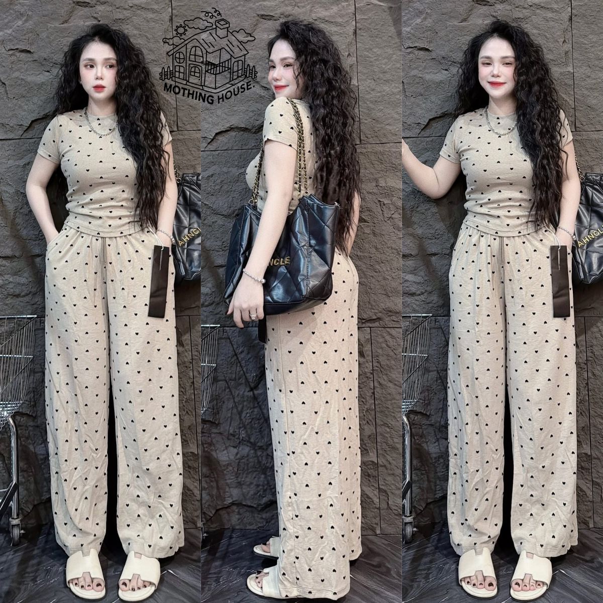 Women's Clothing Summer Fashion Women's Slim Fit Heart Print Two Piece Set Short Sleeved Top And Wide Leg Pants Casual Outfit_ecoleips.com