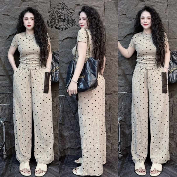 Women's Clothing Summer Fashion Women's Slim Fit Heart Print Two Piece Set Short Sleeved Top And Wide Leg Pants Casual Outfit_ecoleips.com