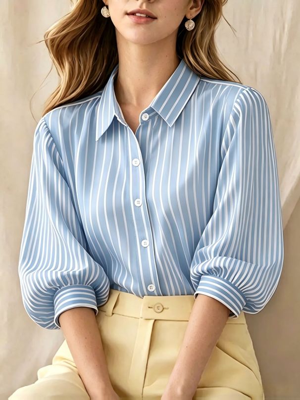 Women's Relaxed Fit V-Neck Puff Sleeve Striped Shirt, Chic Casual & Commute Blouse For Trendy Style_ecoleips.com