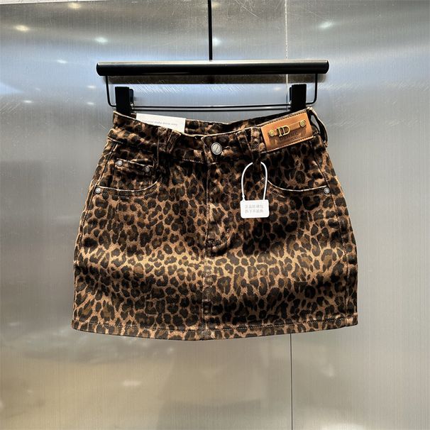Stretch Coffee Leopard Print Denim Bodycon European Style 2025 Autumn New Hot Girl Patchwork Petite Short Skirt_ecoleips.com