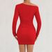 Women's Asymmetrical Neck Off-Shoulder Bodycon Skirt Dress Long Sleeve Pleated Casual Fashion Sexy Gown European American Style_ecoleips.com