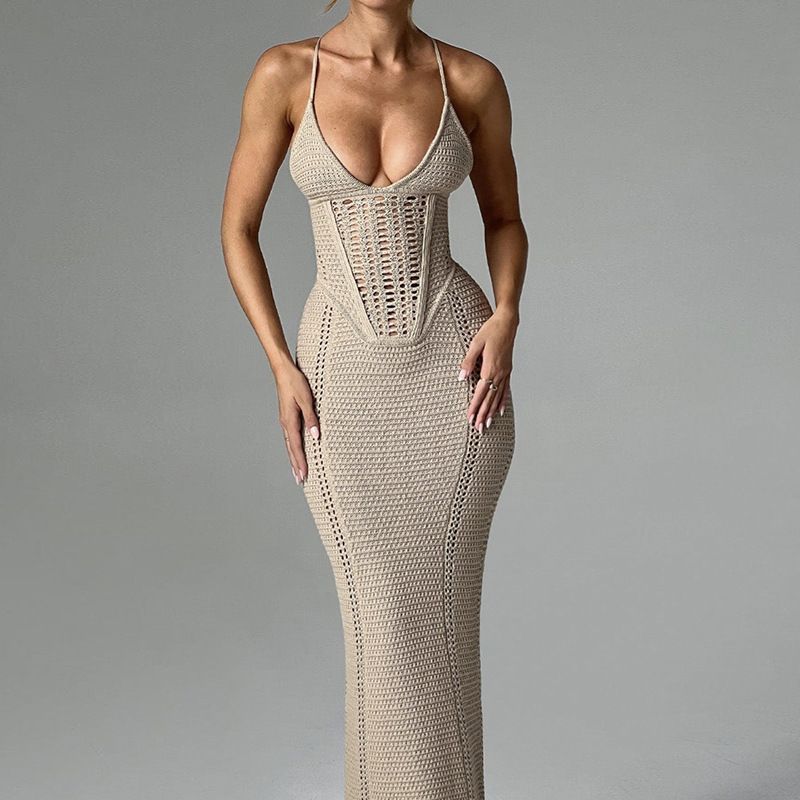 Beach Dress, Sexy V Neck Halter Bodycon Dress, Backless Hollow Out Strappy Knit Maxi Dress._ecoleips.com