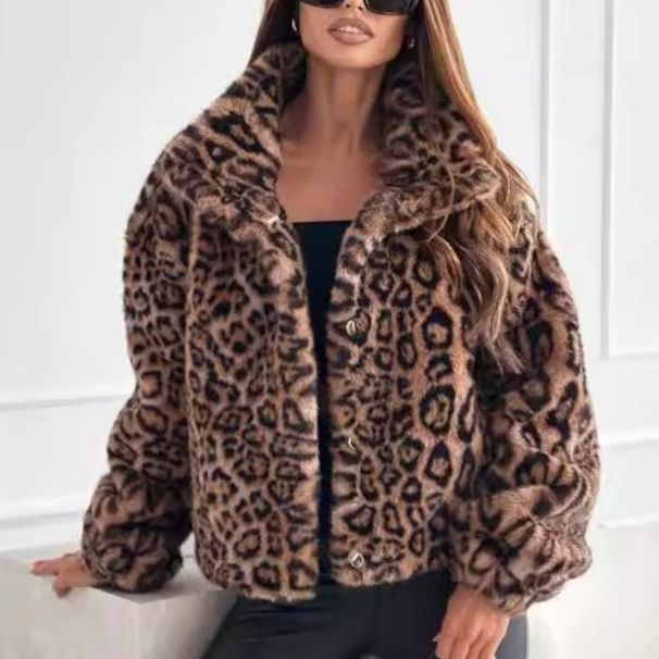 K Fashionable Personality New Furry Leopard Pattern Collarless Short Coat_ecoleips.com