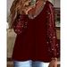 Women's Clothing Sequined Mesh Rhinestone Pleated Long Sleeve V Neck Pullover Top Casual Daily Vacation Wear_ecoleips.com