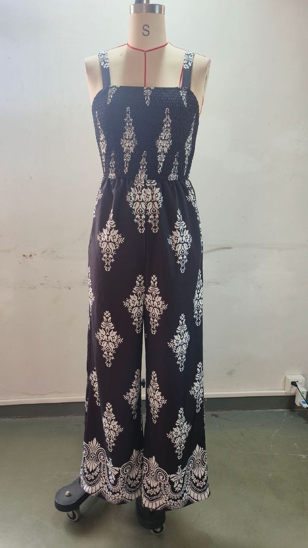 K Positioning Printed Women's New Suspender Pocket Jumpsuit Thin Wide Leg Pants_ecoleips.com