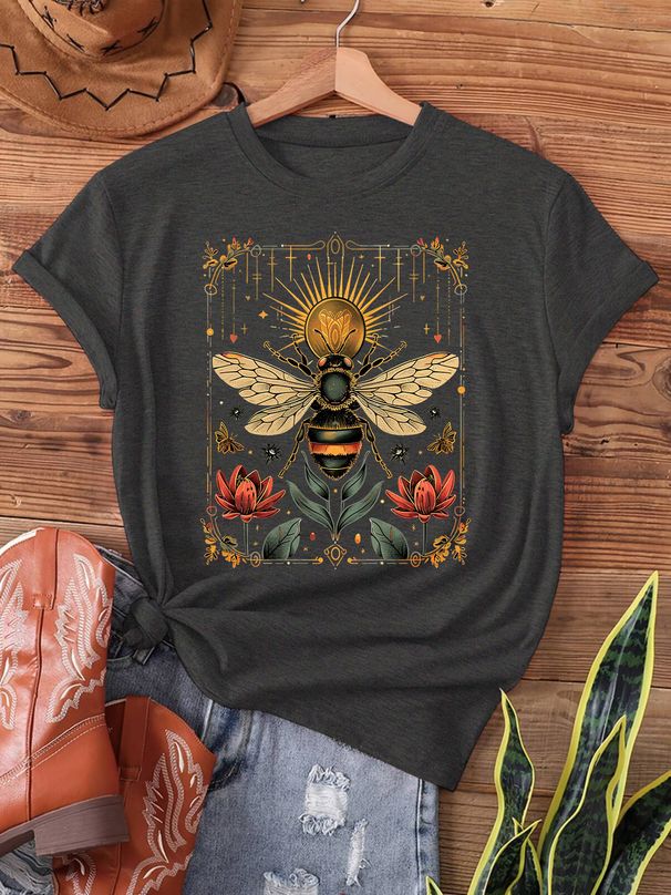 Bohemian Bee Floral Women's Tee - Vintage Art Graphic, Casual Boho Top_ecoleips.com
