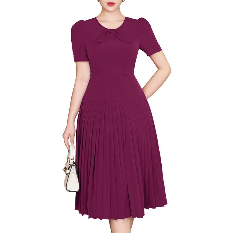 ZANZEA Short Sleeve Korean Fashion Party Dress Elegant Solid Waist-Cinched Pleated A-line Robes Women O Neck Knee-length Dress_ecoleips.com