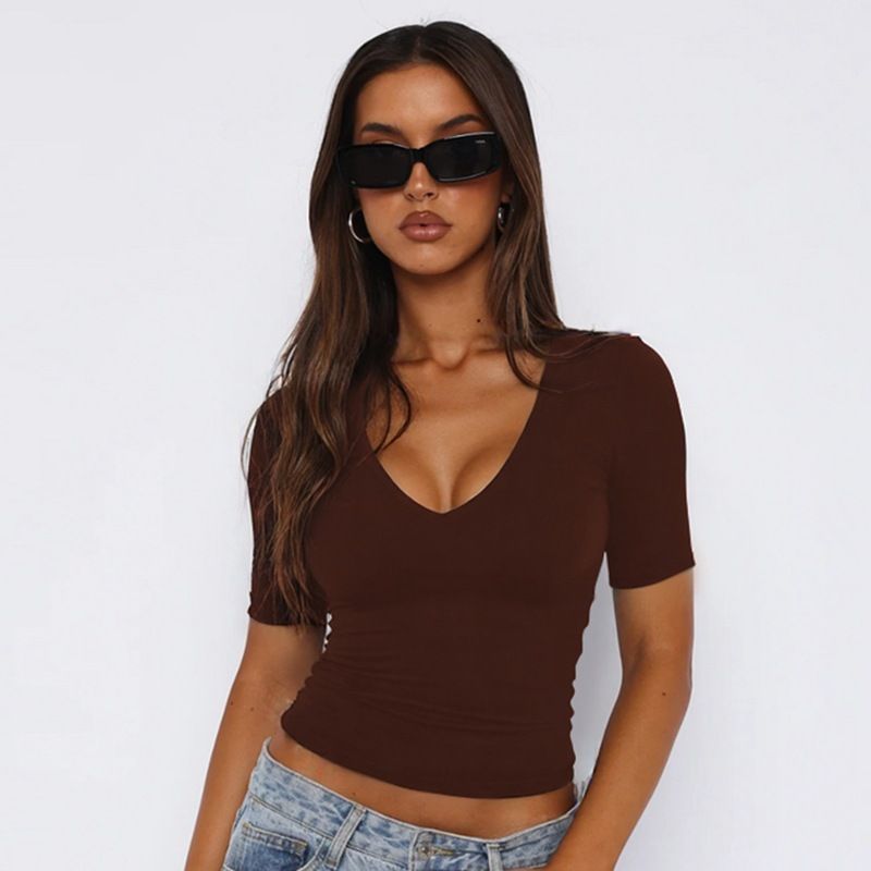 Summer Women's Slim Fit T-Shirt U-Neck Five Sleeve Solid Color European American Style Top for Export_ecoleips.com