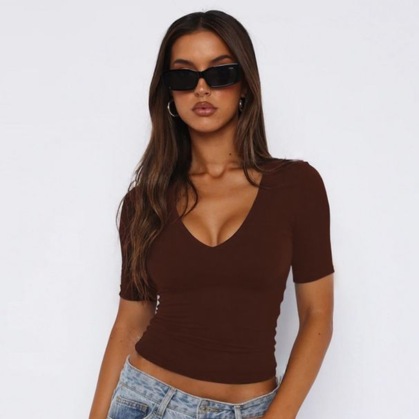 Summer Women's Slim Fit T-Shirt U-Neck Five Sleeve Solid Color European American Style Top for Export_ecoleips.com