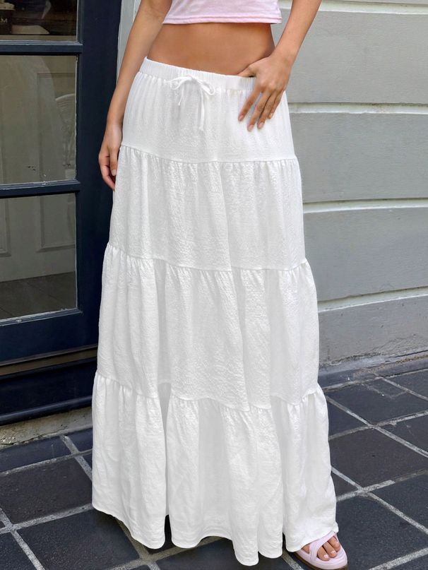 Voya Women's Clothing American White Pleated Drawstring Sweet Cake Skirt Half Skirt Long Skirt Summer New Fairy Skirt_ecoleips.com
