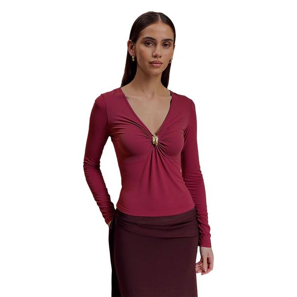 Voya Women's Pure Desire Spicy Girl Outfit, Wine Red V-neck T-shirt, Spring And Summer Slim Fit, Inner Outfit, Slimming Top_ecoleips.com