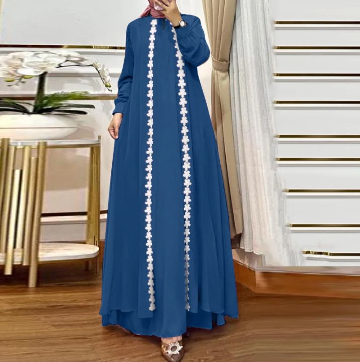 Women's Clothing New Middle Eastern Muslim Fashion Elegant Solid Color Loose Long Sleeved Lace Cardigan Robe Dress_ecoleips.com