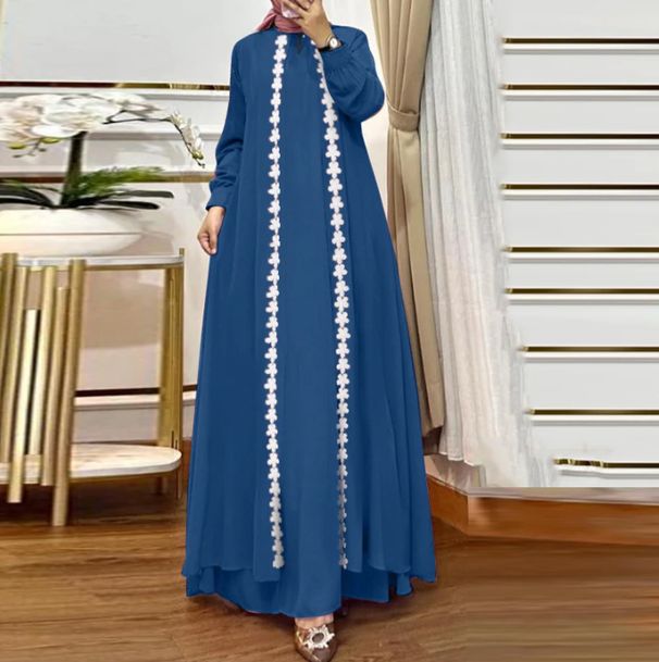 Women's Clothing New Middle Eastern Muslim Fashion Elegant Solid Color Loose Long Sleeved Lace Cardigan Robe Dress_ecoleips.com