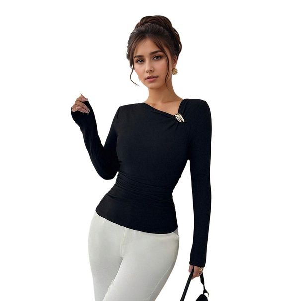 Voya Women's Slanted Neck Pleated Design With Unique Temperament, Long Sleeved Western-style Slim Fit And Slimming Effect, Spring And Autumn Base Top_ecoleips.com