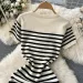 Summer Striped Beach Knitted Dress O Neck Short Sleeves Chic Hotsweet Slim Sundress Streetwear Y2K Bodycon Midi Dress_ecoleips.com