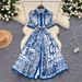 Kate Middleton Inspired Short Sleeve Blue White Porcelain Print Dress Fitted Waist Elegant A-Line Skirt Summer Cross Border Women's Fashion Dress_ecoleips.com