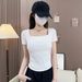Square Neck Short-sleeved Shirt Women's Spring And Summer Low Neck Slim-fitting And Thin Collarbone Bottoming Shirt_ecoleips.com