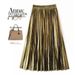 Verve Metallic Silk Pleated Midi Skirt For Women With A-Line Shape And Draping Effect_ecoleips.com