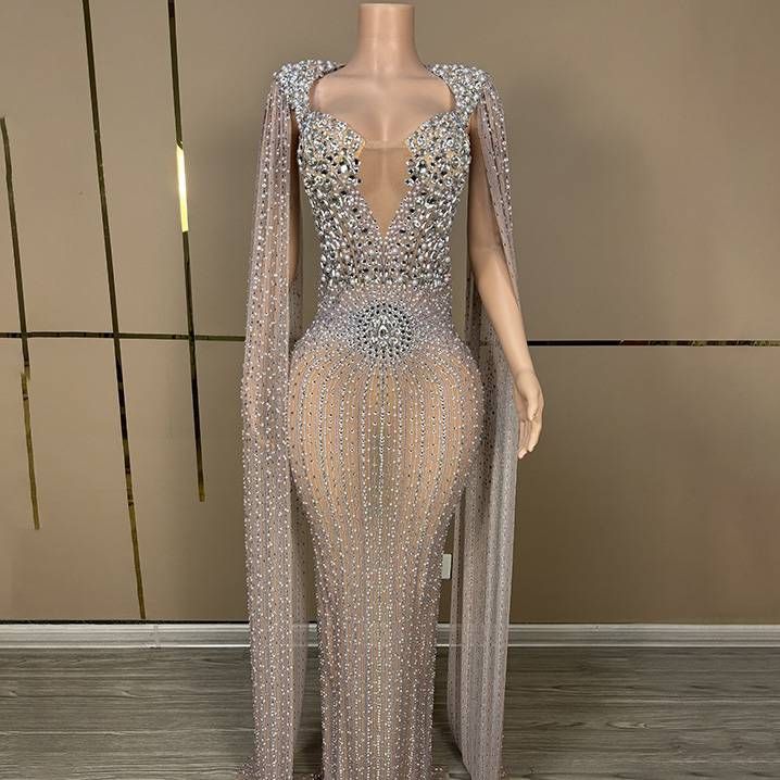 Women's Deep V-Neck Diamond Embellished Evening Dress - Luxury Cocktail Party & Pageant Gown For Model Catwalk Performance_ecoleips.com