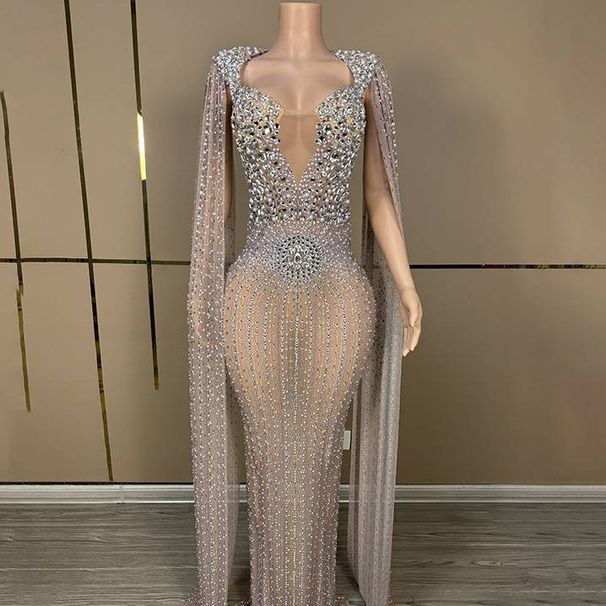 Women's Deep V-Neck Diamond Embellished Evening Dress - Luxury Cocktail Party & Pageant Gown For Model Catwalk Performance_ecoleips.com