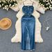 Women's Clothing Retro Denim Skirt Design Raw Edge Slit Slim Fit Medium And Long Suspender Dress Women's Summer Wear_ecoleips.com