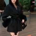"Tie-Waist Bouclé Blazer With Faux Fur Sleeves - Oversized V-Neck Coat (Beige/Gray/Black, S-XL)"_ecoleips.com