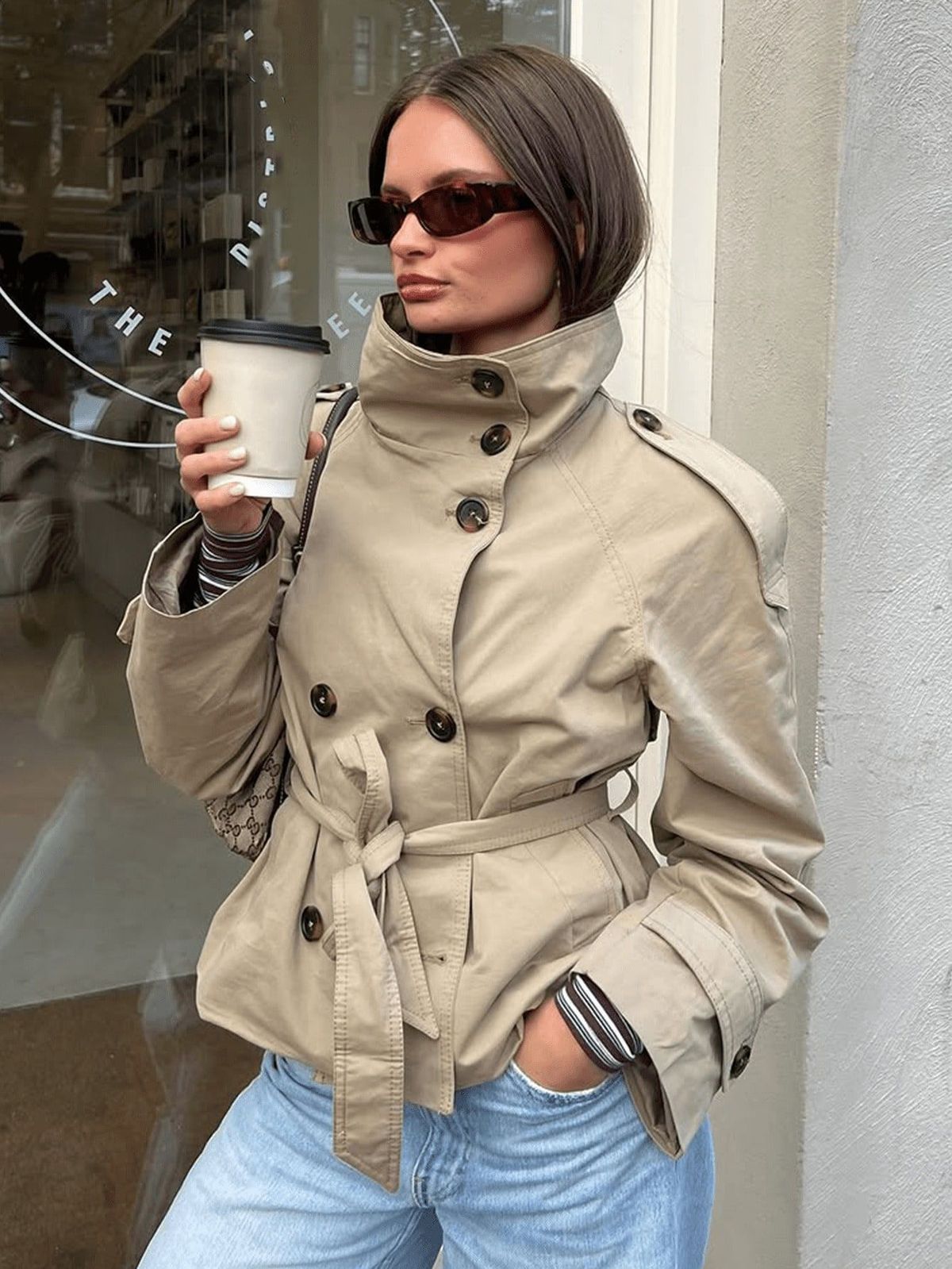 women's clothing elegant doublebreasted belted short trench coat stylish stand collar, slim fit, streetwear fashion (khaki, bury, y green)_ecoleips.com