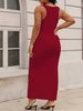 Plus-size Elegant Dress, Solid Color, Slim Fit, Sleeveless, Sexy Low Neckline, Slit, And Button-down Details. Suitable For Everyday Wear, Casual Outings, Dates, And Parties._ecoleips.com