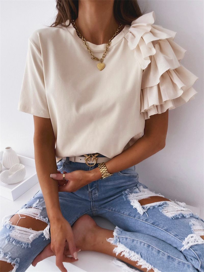 Women Summer Ruffles Short Sleeve Loose T Shirt Chic Elegant Solid O Neck Tops Casual Simple All Match Tee Streetwear Blouse_ecoleips.com