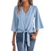 Real Shot Of Spring/summer European And American Casual V-neck Buttoned Three-quarter Sleeve Knotted Chiffon Blouse._ecoleips.com