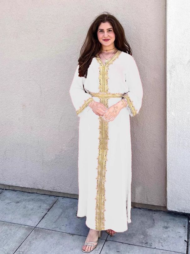 Elegant Muslim Abaya Dress With Color Blocking & Embroidery - Modest Long Sleeve Maxi Dress For Women (Available In Black/Red/Green/White/Blue)_ecoleips.com