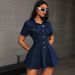 K Women's New Denim Style Casual Waist Cinched Lapel Dress_ecoleips.com