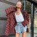 Autumn And Winter Retro American Red Checkered Shirt For Women's Casual Design, Loose Checkered Long-Sleeved Shirt_ecoleips.com