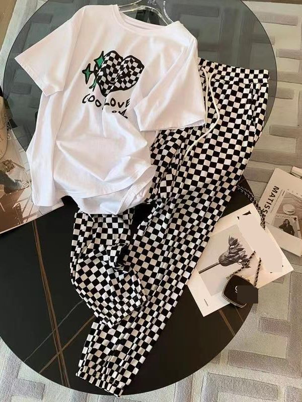 Women's Clothing Sportswear Suit Checkerboard Women's Summer New Thin Style Trendy Brand Casual Loose Fashion Summer Plaid Pants Two Piece Suit_ecoleips.com