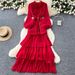 Elegant French Floral Lace Trim Wrap Dress With Lantern Sleeves & Peplum Hem For Women – Plus Size Available_ecoleips.com