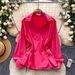Women's Korean Style Blue Suit Collar Shirt With Tie Waist Slimming Elegant Top Long Sleeves For Spring Loose Fit Blouse_ecoleips.com