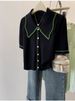 Women's French Retro Style Collared Knit Sweater Color Block Short Sleeve Top Summer Design_ecoleips.com