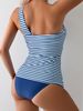 Women Blue White Stripe 2 Piece Tankini Set Crisscross Halter Cutout Ruched Tummy Control Tank Top Solid High Cut Bikini Bottom Nautical Swimwear_ecoleips.com