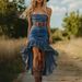 European And American Retro Fashion Strapless Short Front Long Back Ruffle Mid-Length Denim Dress_ecoleips.com
