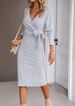 Elegant V-Neck Long Sleeve Wrap Dress With Belt Detail - Stylish Knitted Midi Dress For Women, Office & Evening Wear (Gray, Black, Beige, Ocean Green)_ecoleips.com