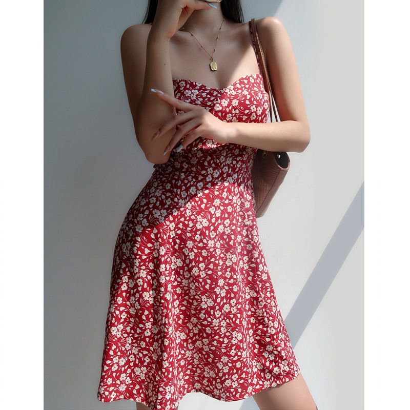 Women's Clothing Retro Girl V Neck Red Floral Suspender Skirt Slim Fit Waist Strappy Short Skirt Holiday Dress_ecoleips.com