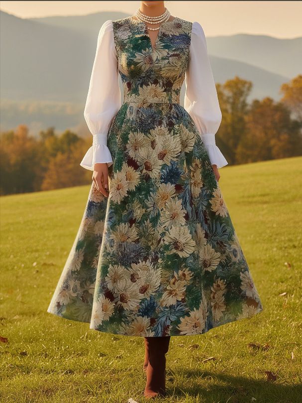 Retro Casual Women's Clothing Casual V Neck Long Sleeve Dress Printed Style For Vacation Outfit_ecoleips.com