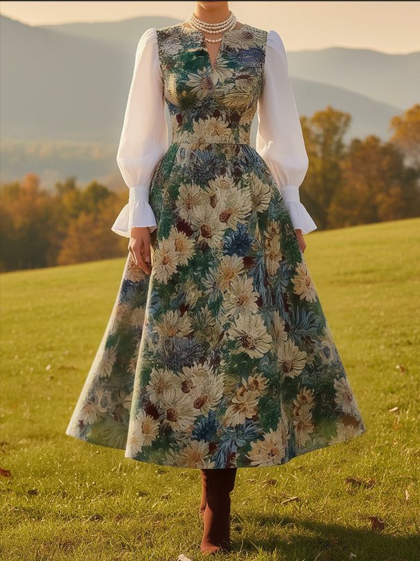 Retro Casual Women's Clothing Casual V Neck Long Sleeve Dress Printed Style For Vacation Outfit_ecoleips.com