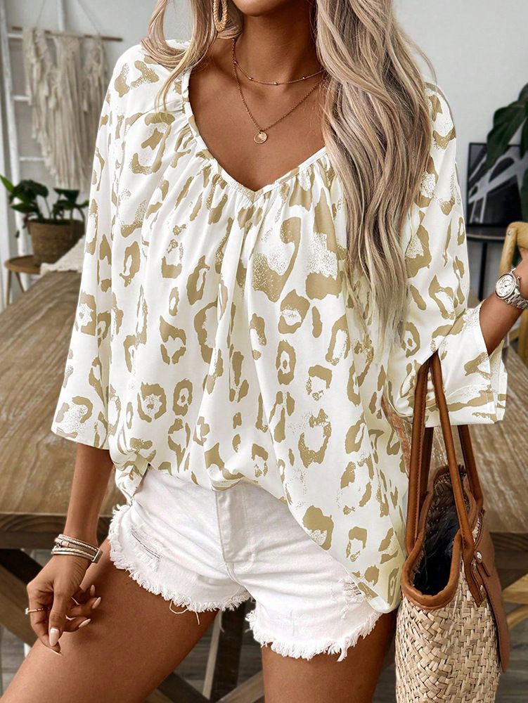 Women's Fashionable Elegant Leopard Print V Neck Casual Slim Fit Shirt Spring/Summer European American Style Commuter Top_ecoleips.com
