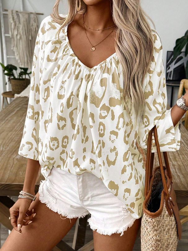 Women's Fashionable Elegant Leopard Print V Neck Casual Slim Fit Shirt Spring/Summer European American Style Commuter Top_ecoleips.com