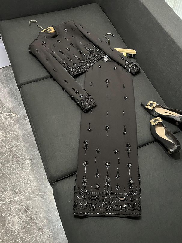 Women's Clothing Celebrity Fashion Heavy Beaded Diamond Short Top Long Skirt Suit Two Piece Suit_ecoleips.com